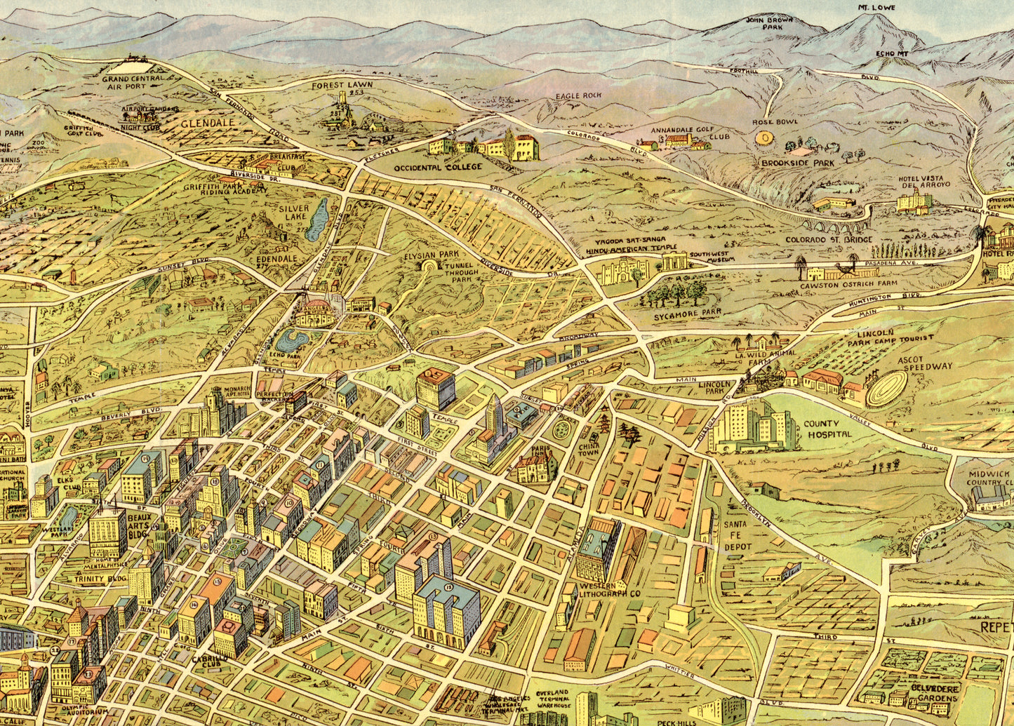 Greater Los Angeles Map (1932) – Vintage Illustrated City Map Birds Eye View Reproduction Wall Art Print (Historic Cartography)