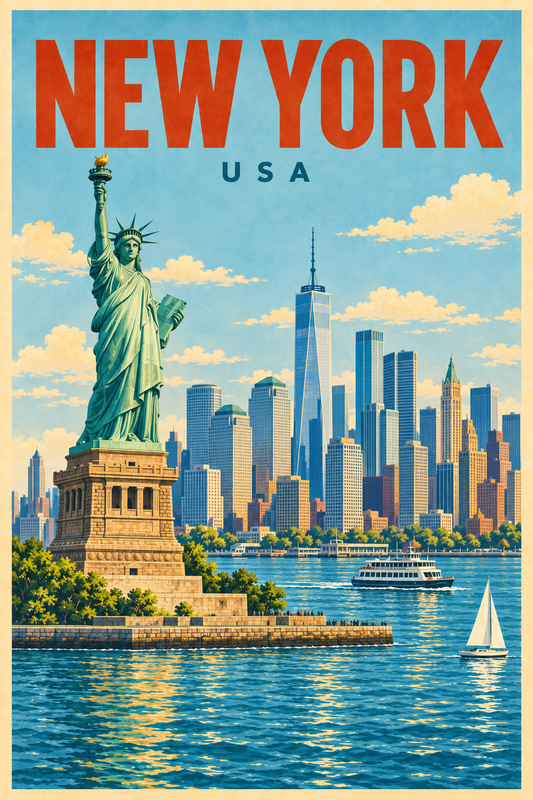 New York City USA retro travel poster with Statue of Liberty, Manhattan skyline, One World Trade Center and blue water