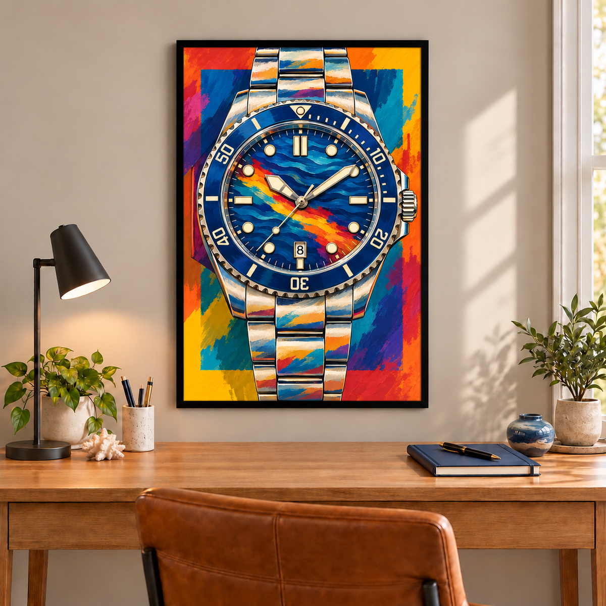 No. 2 blue dive watch art in fitted frame above wood desk; frame not included