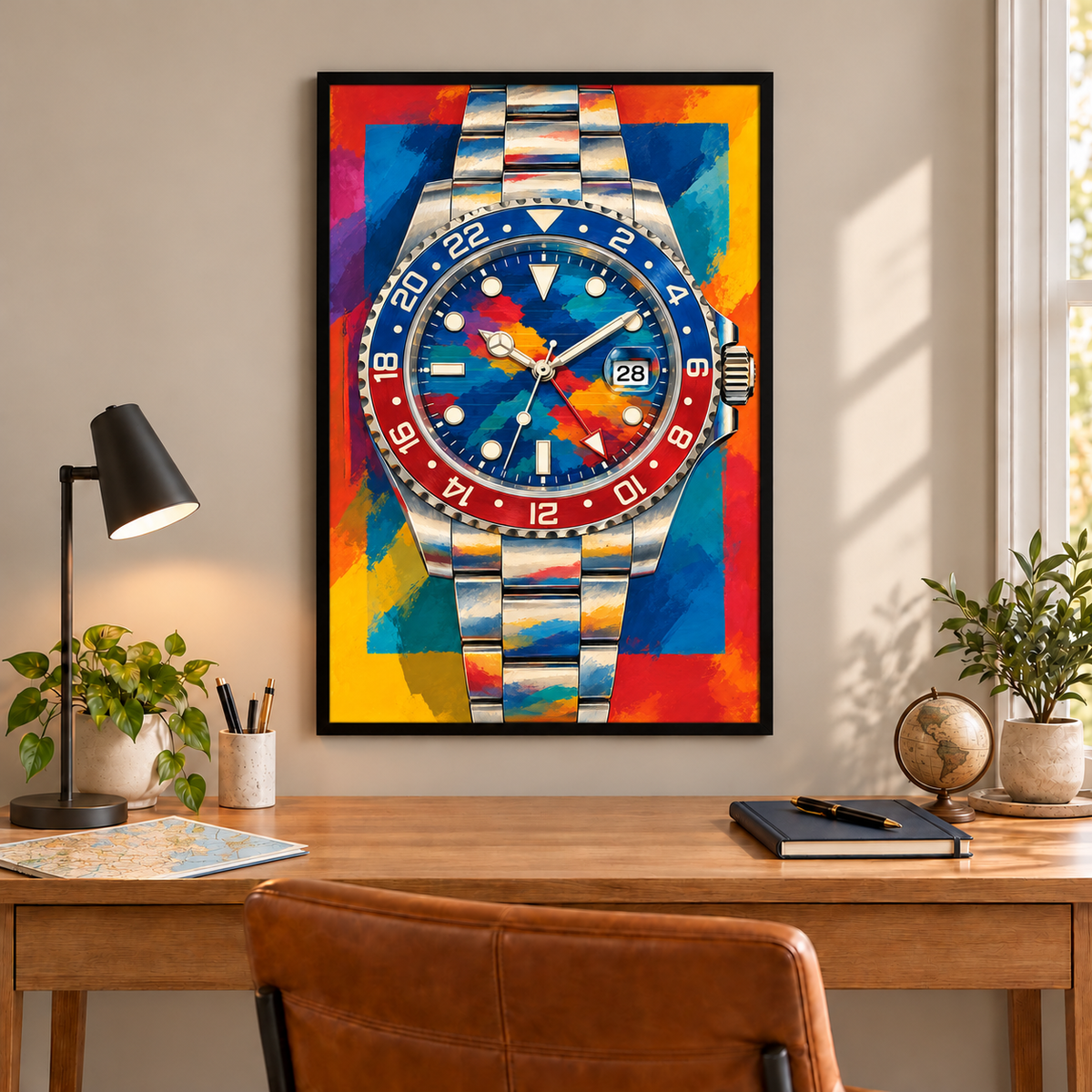 No. 3 GMT watch art in fitted frame above travel-inspired wood desk; frame not included