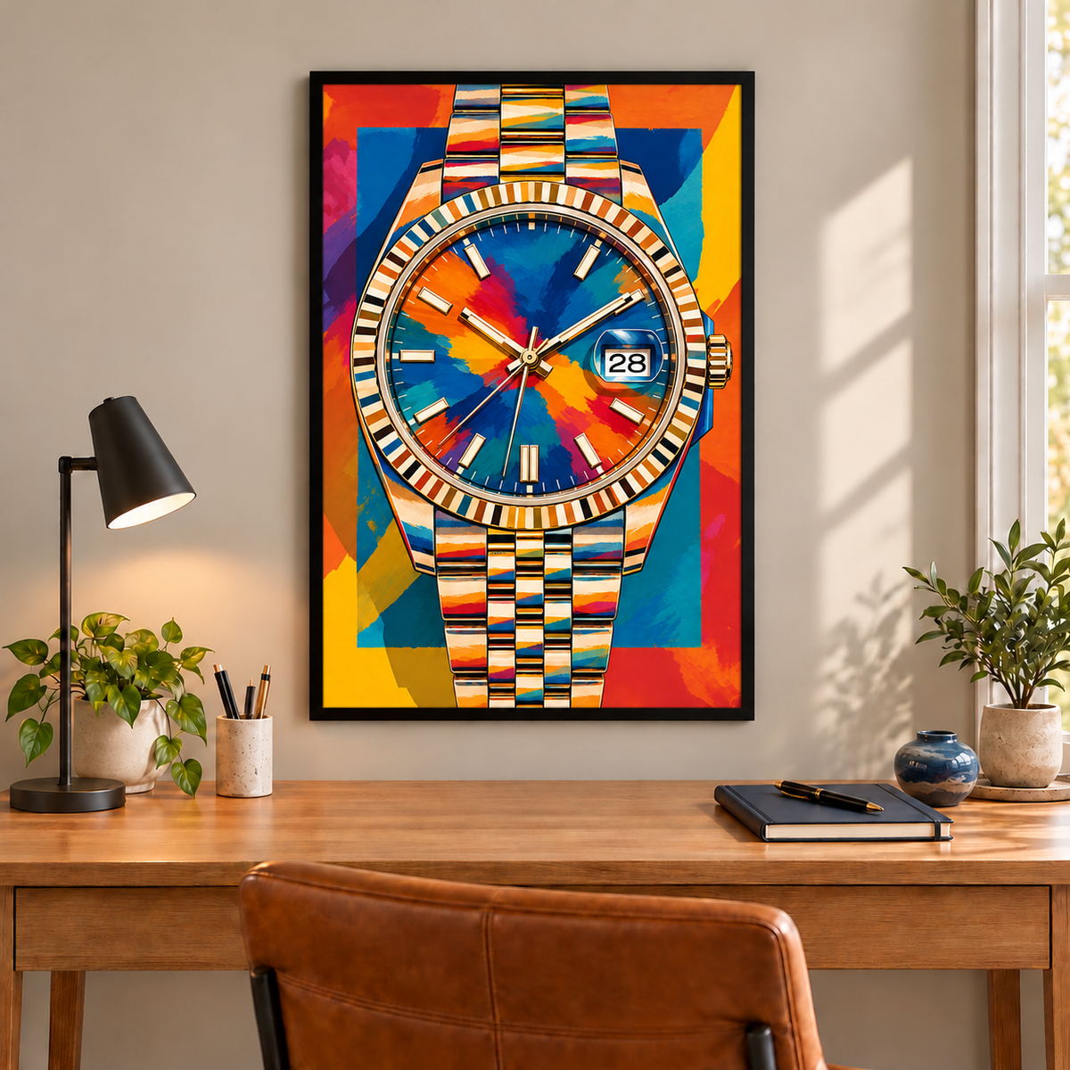 No. 4 dress watch art in fitted frame above wood desk; frame not included