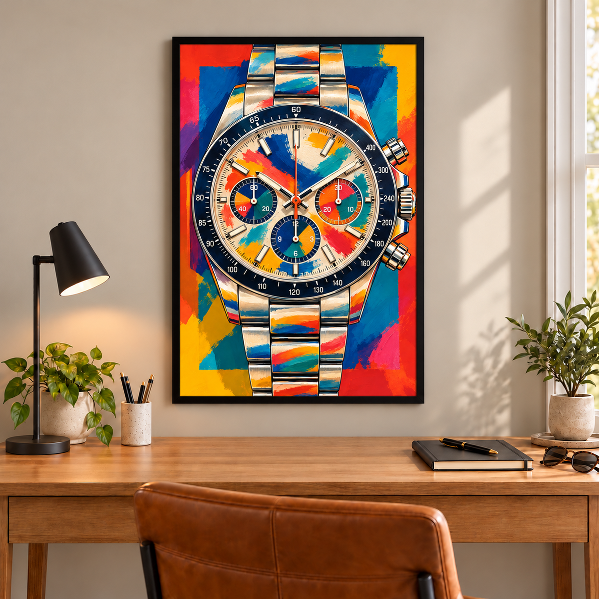 No. 5 chronograph watch art in fitted frame above wood desk; frame not included