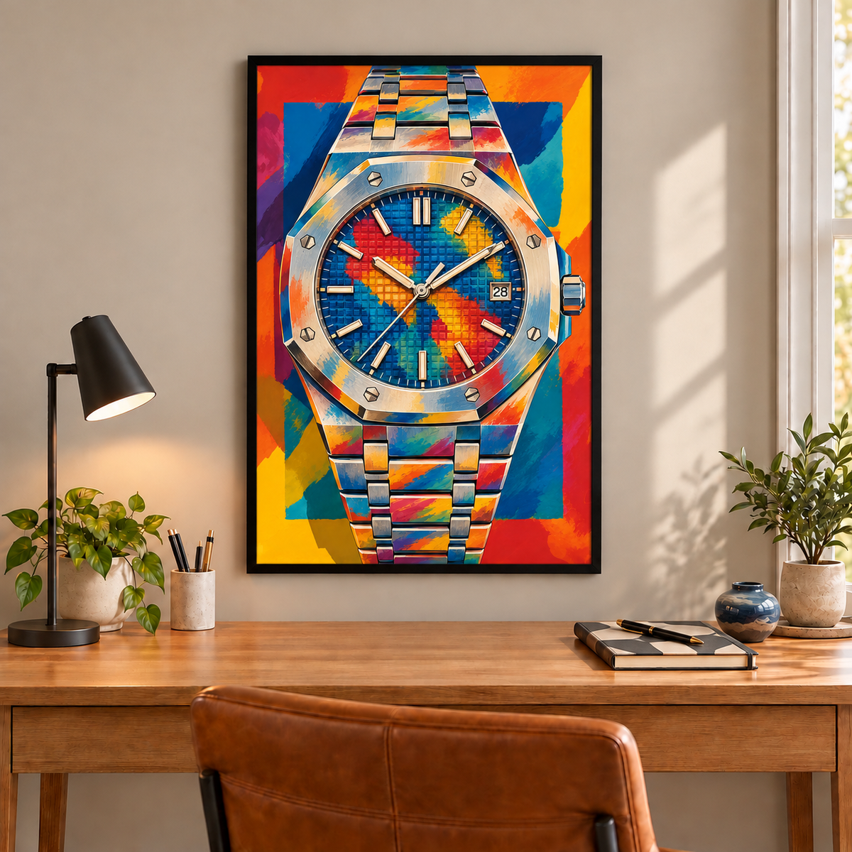 No. 6 sports watch art in fitted frame above wood desk; frame not included