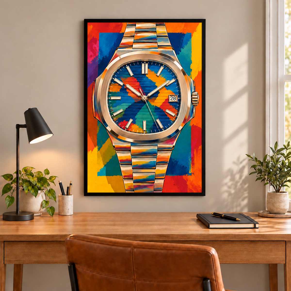 No. 7 octagonal sports watch art in fitted frame above wood desk; frame not included