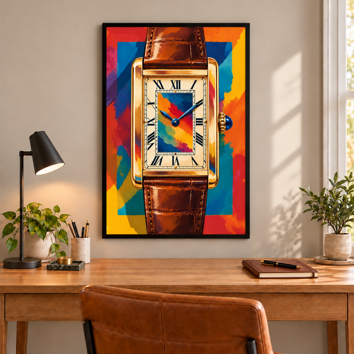 No. 8 rectangular dress watch art in fitted frame above wood desk; frame not included