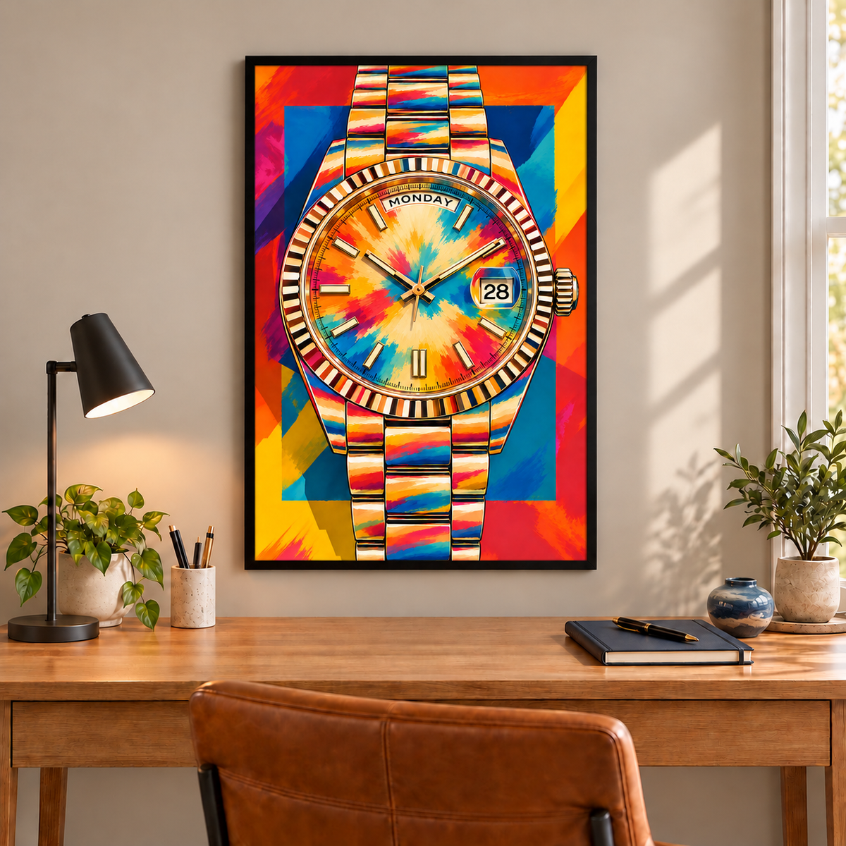 No. 9 day-date watch art in fitted frame above wood desk; frame not included