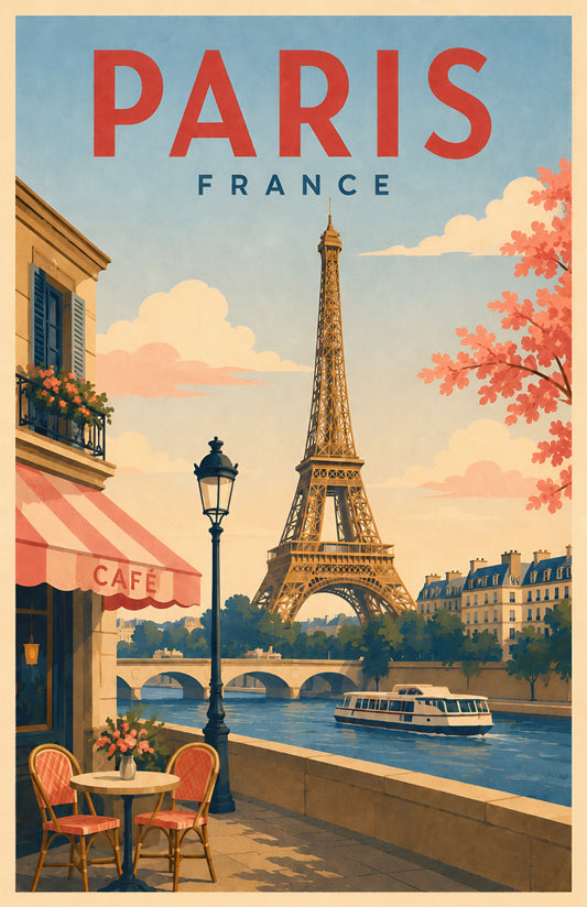 Paris France retro travel poster with Eiffel Tower, riverside cafe terrace, Seine and spring flowers
