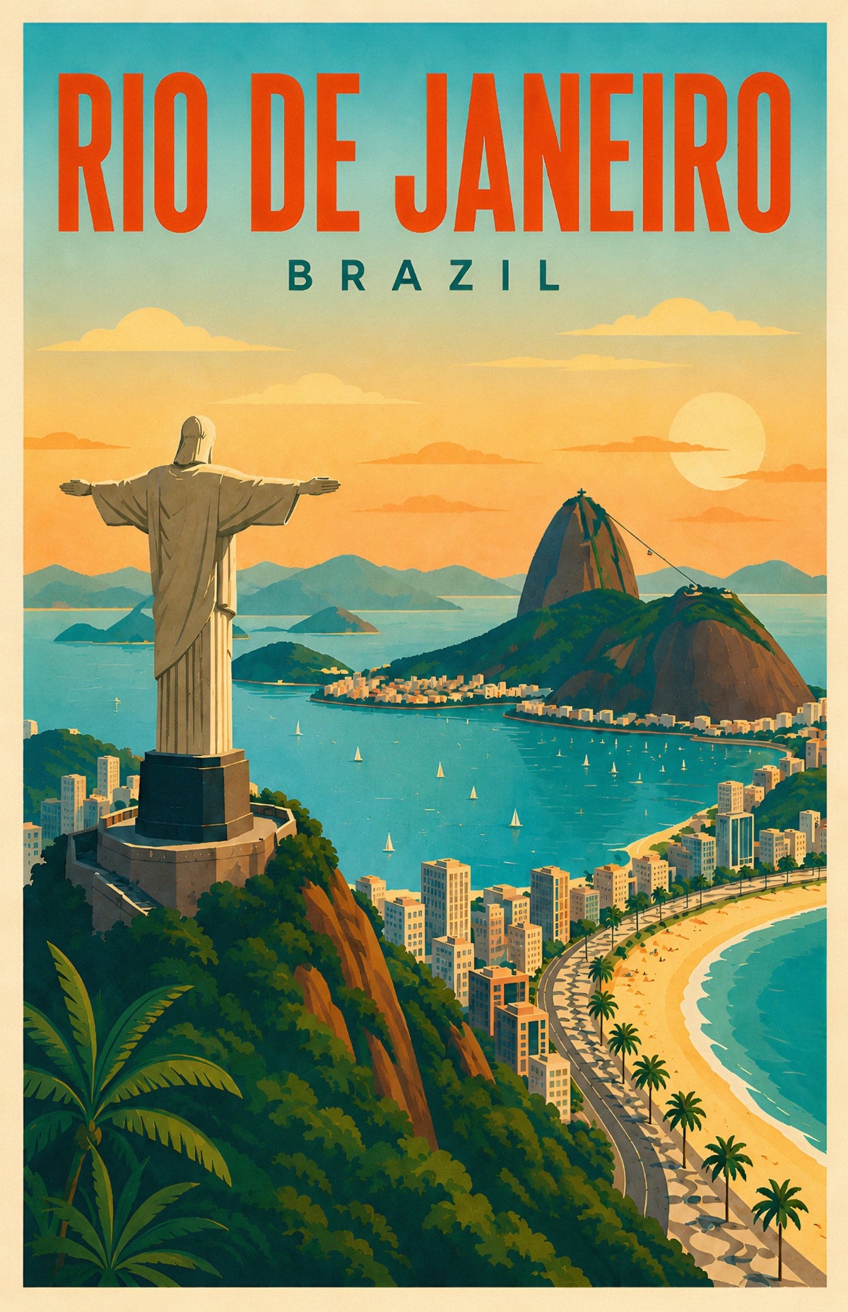 Rio de Janeiro Brazil vintage retro travel poster showing Christ the Redeemer, Sugarloaf Mountain, coast and turquoise bay