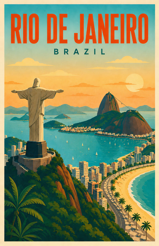 Rio de Janeiro Brazil vintage retro travel poster showing Christ the Redeemer, Sugarloaf Mountain, coast and turquoise bay