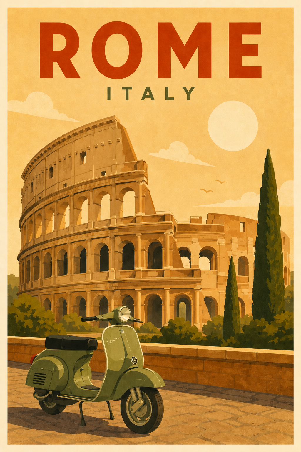 Rome Italy retro travel poster with Colosseum golden sunset, vintage green scooter, and Mediterranean scenery