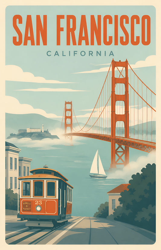 San Francisco California vintage retro travel poster with Golden Gate Bridge, historic cable car, Alcatraz and sailboat