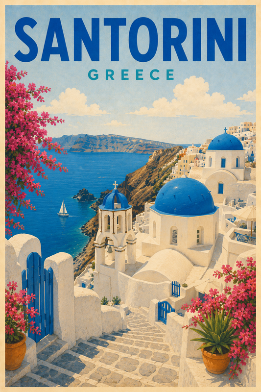 Santorini Greece vintage retro travel poster with whitewashed architecture, blue-domed churches, Aegean Sea, and pink flowers