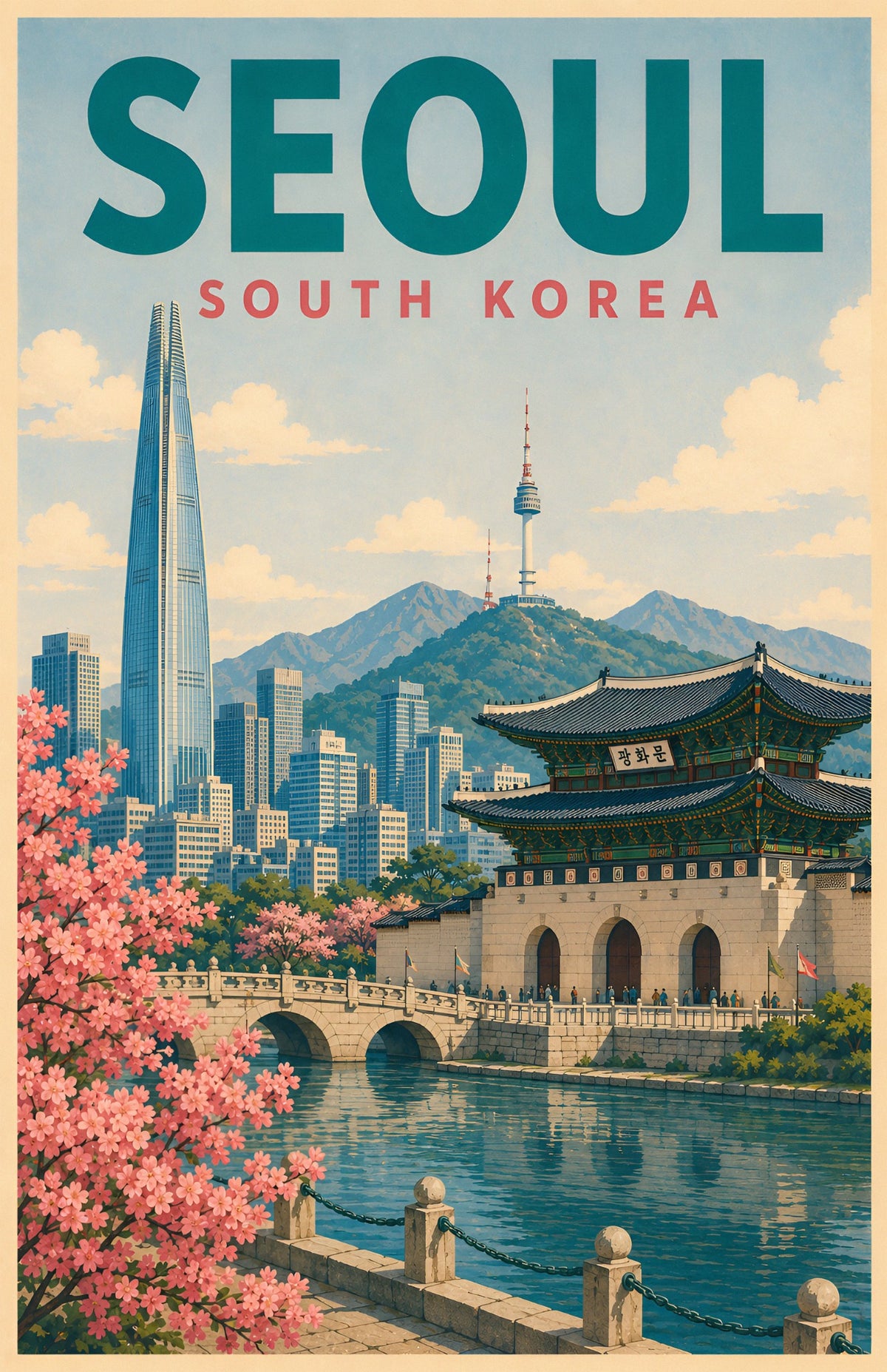 Seoul South Korea retro travel poster featuring Lotte World Tower, N Seoul Tower, Gwanghwamun Gate, cherry blossoms, skyline and mountains