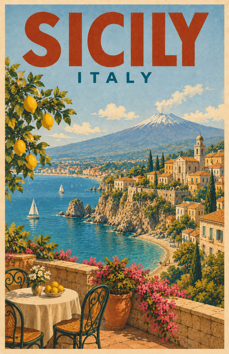 Sicily, Italy Retro Travel Poster – Vintage Mount Etna Coastal Wall Art Print