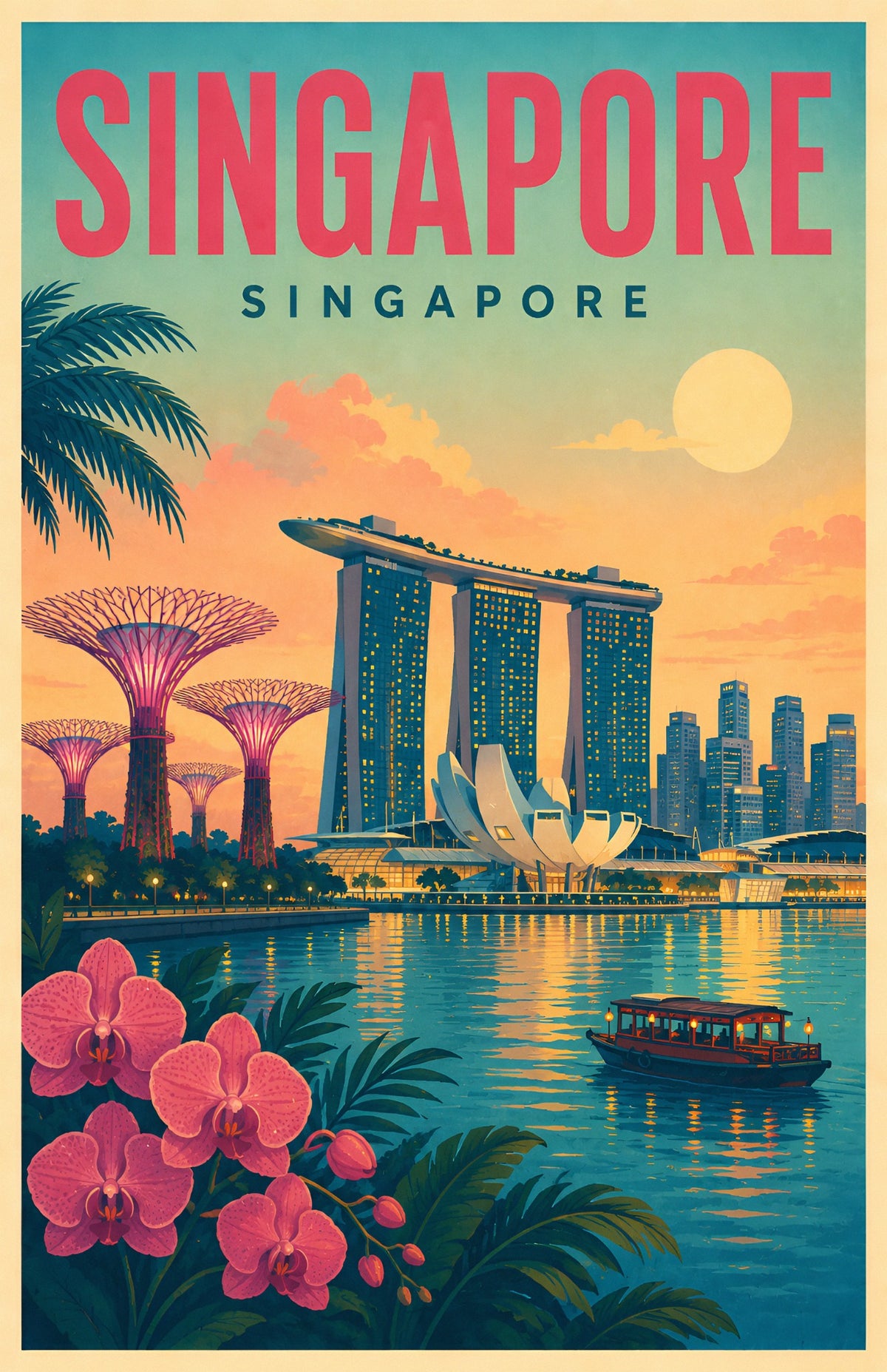 Singapore vintage travel poster Marina Bay Sands, Supertree Grove, ArtScience Museum, orchids, and tropical sunset