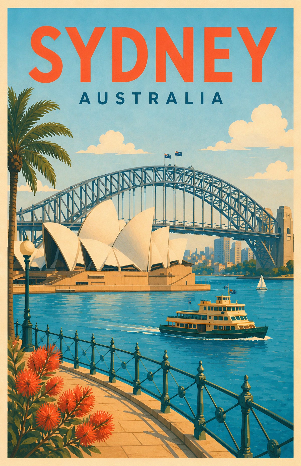 Sydney Australia retro travel poster with Sydney Opera House, Harbour Bridge, waterfront ferry and tropical plants