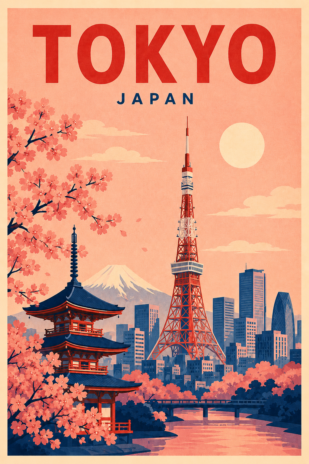 Tokyo Japan retro travel poster featuring Tokyo Tower, cherry blossoms, Mount Fuji, traditional Japanese pagoda and sunset skyline
