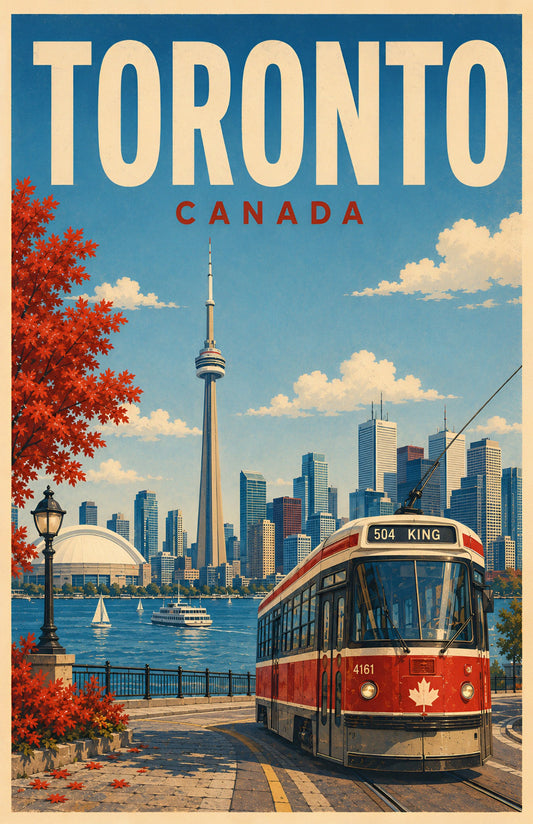 Toronto Canada retro travel poster with CN Tower, waterfront skyline, red streetcar and autumn maple leaves
