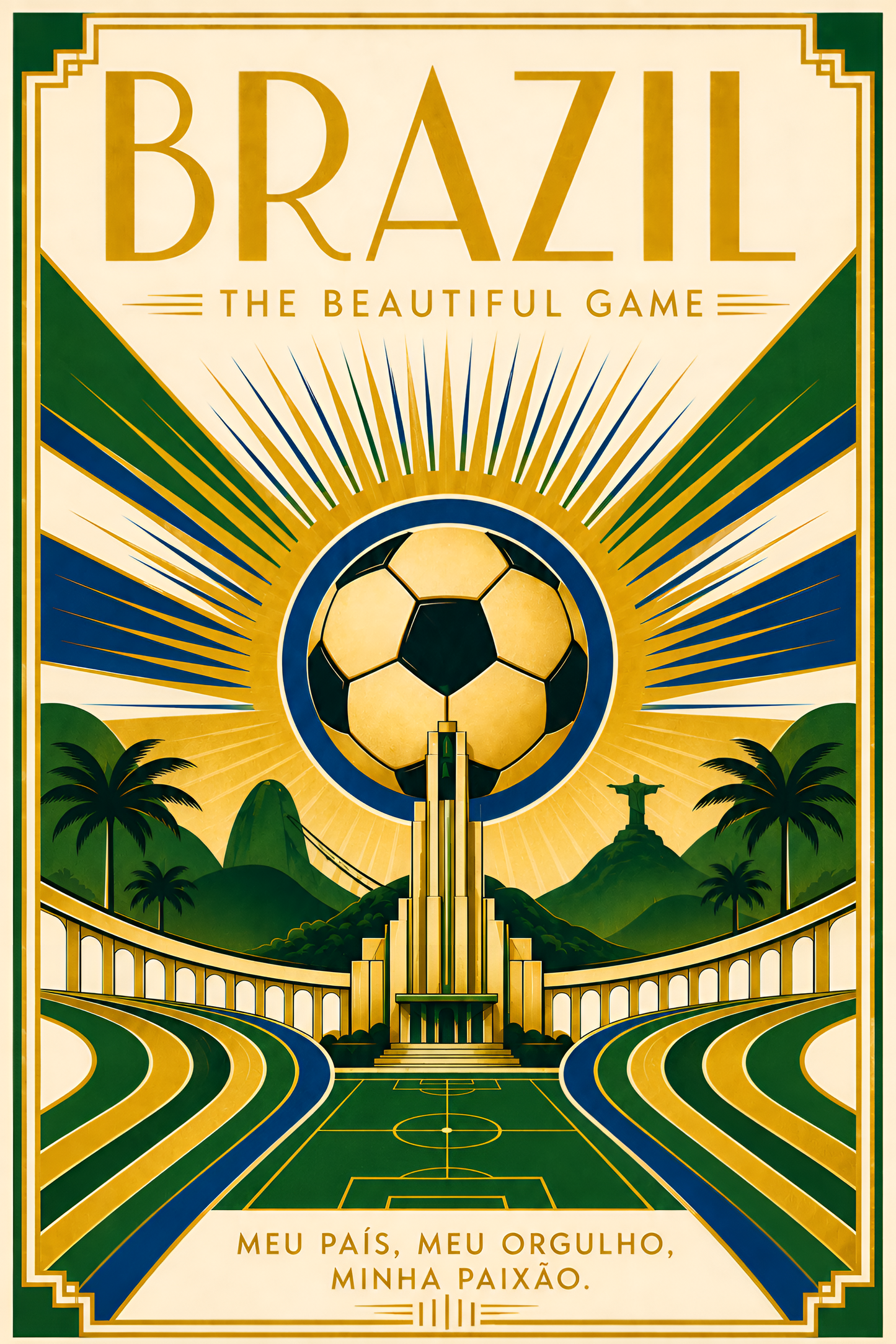 Brazil — The Beautiful Game | Art Deco Soccer Poster Futbol Football Sports Wall Art Athletic Brazilian
