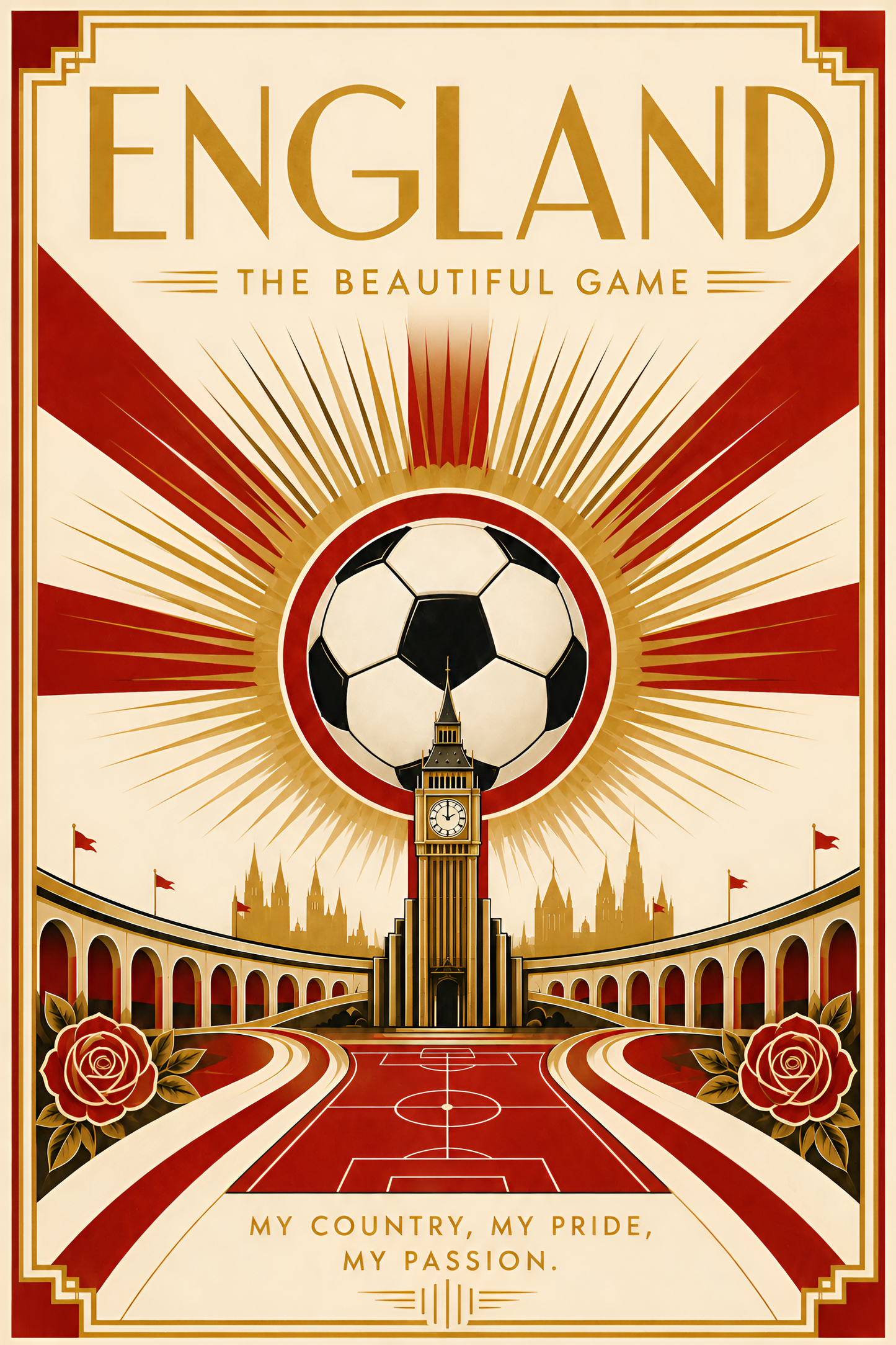 England — The Beautiful Game | Art Deco Soccer Poster Futbol Football Sports Wall Art Athletic English