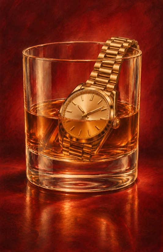 Vintage Gold Watch in Whiskey Glass Poster – Retro Bar & Nightclub Wall Art Print