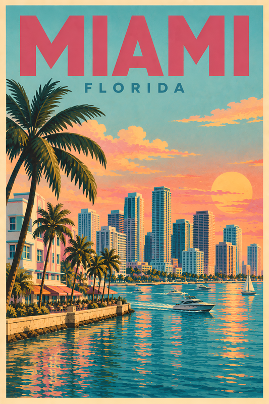 Miami Florida retro travel poster with waterfront skyline palm trees and sunset