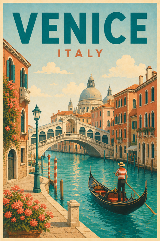 Venice Italy retro travel poster with gondolier, Rialto Bridge, canal, Italian architecture and flowers