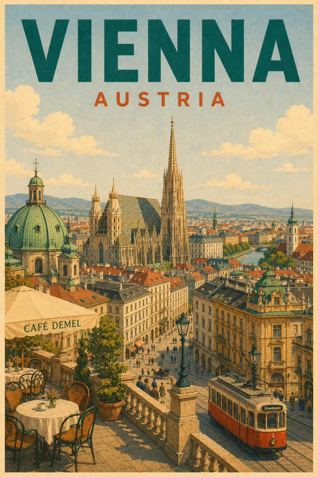 Vienna Austria vintage retro travel poster featuring St Stephen's Cathedral, historic streets, red streetcar and coffee terrace