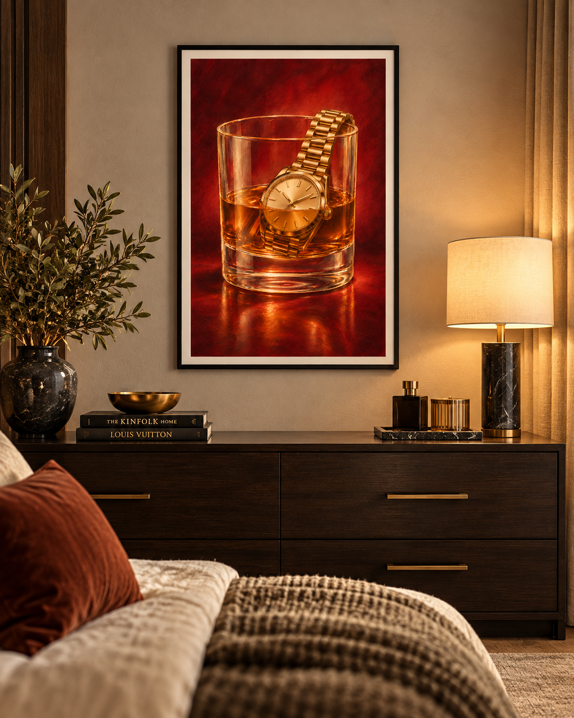 Vintage Gold Watch in Whiskey Glass Poster – Retro Bar & Nightclub Wall Art Print