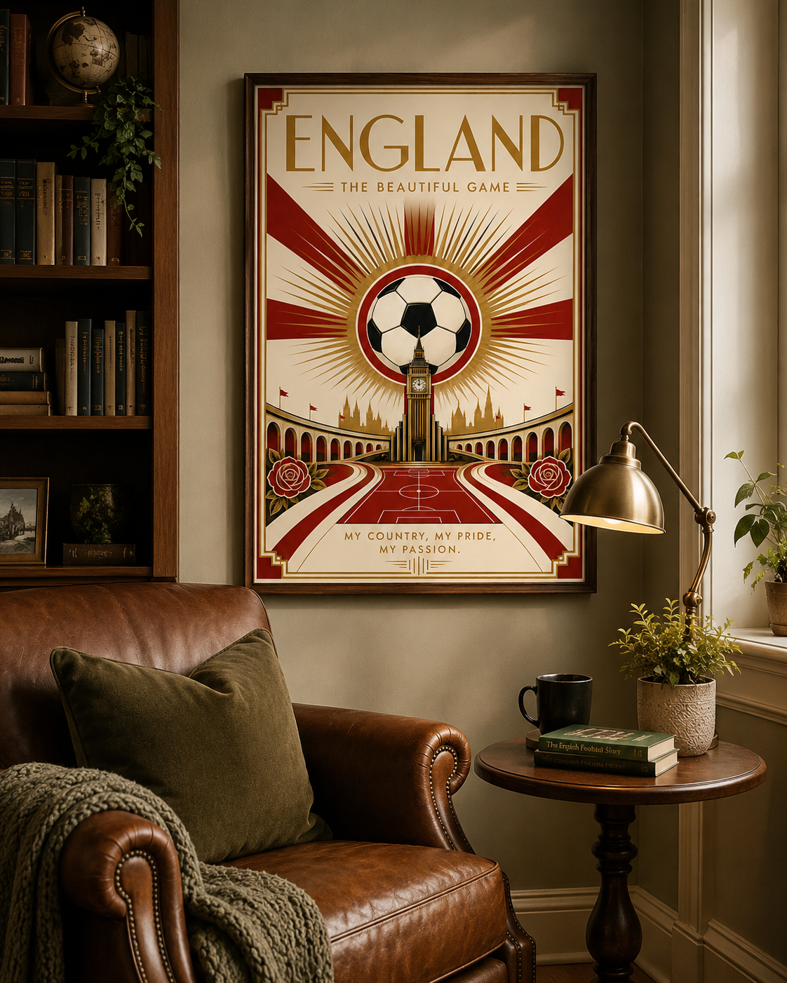 England — The Beautiful Game | Art Deco Soccer Poster Futbol Football Sports Wall Art Athletic English