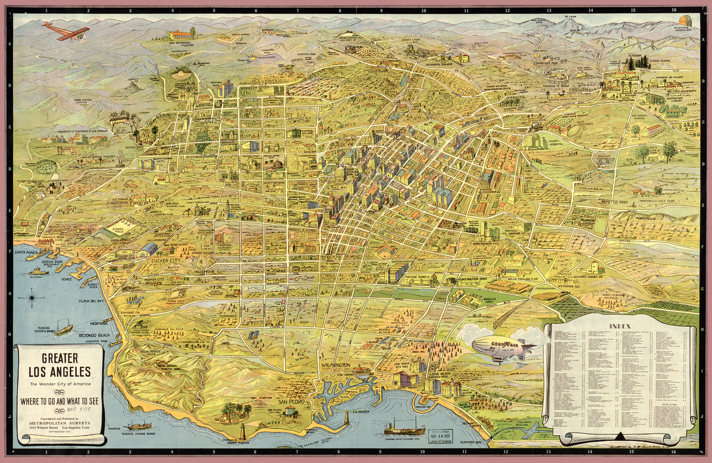Greater Los Angeles Map (1932) – Vintage Illustrated City Map Birds Eye View Reproduction Wall Art Print (Historic Cartography)