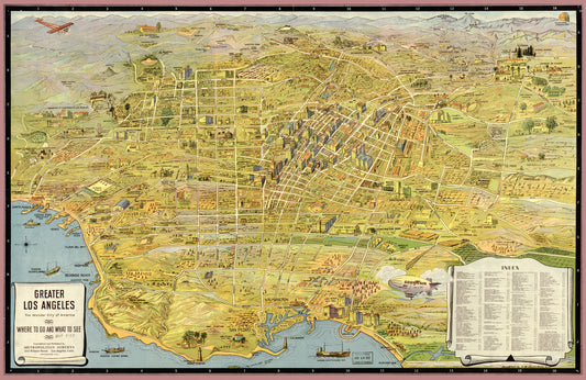 Greater Los Angeles Map (1932) – Vintage Illustrated City Map Birds Eye View Reproduction Wall Art Print (Historic Cartography)